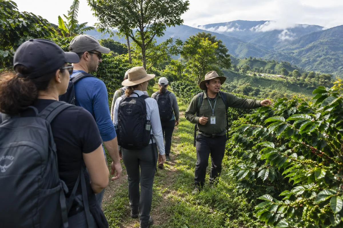 Grupo caminando entre cafetales